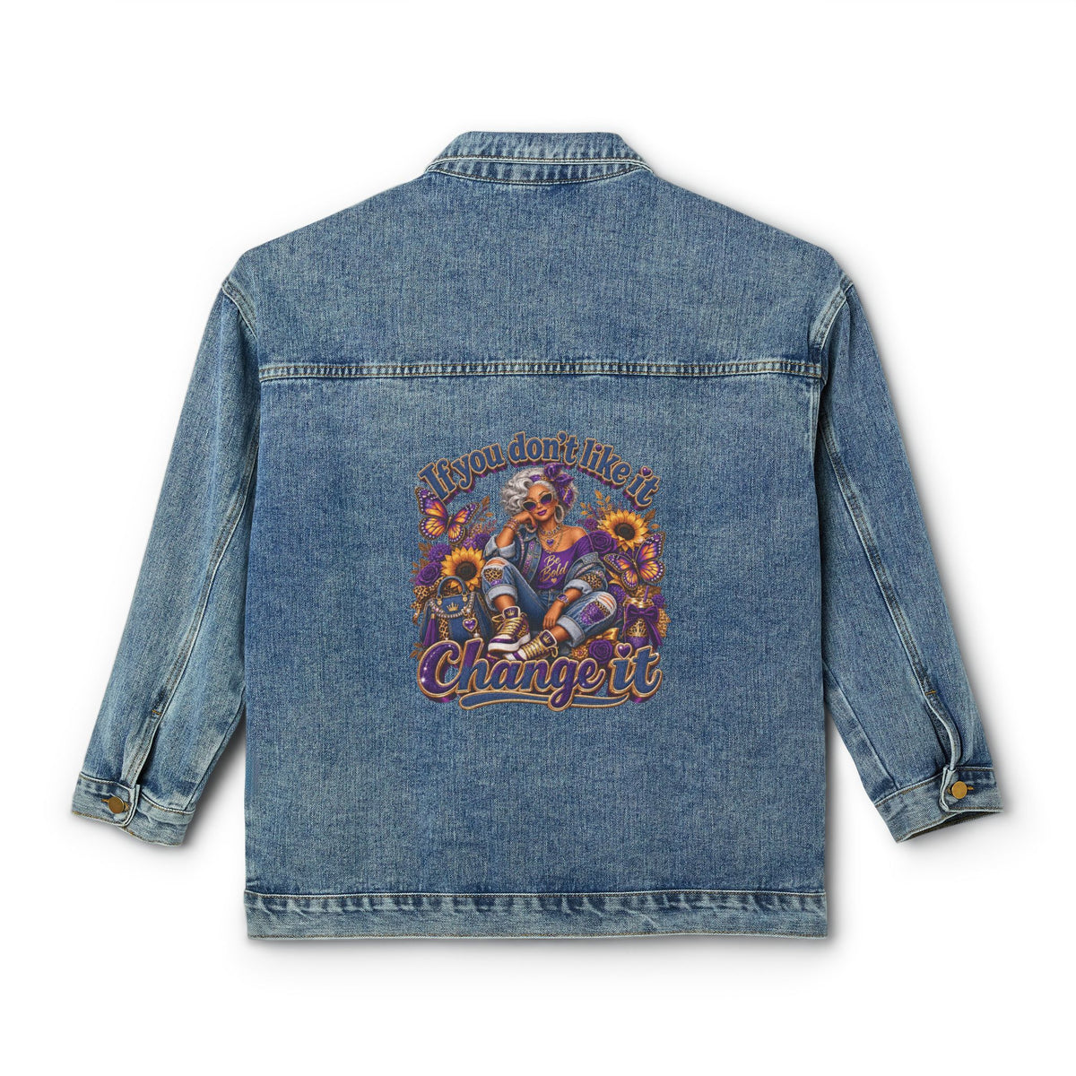 Denim Jacket — "Change It" Retro Sunflower Graphic Back