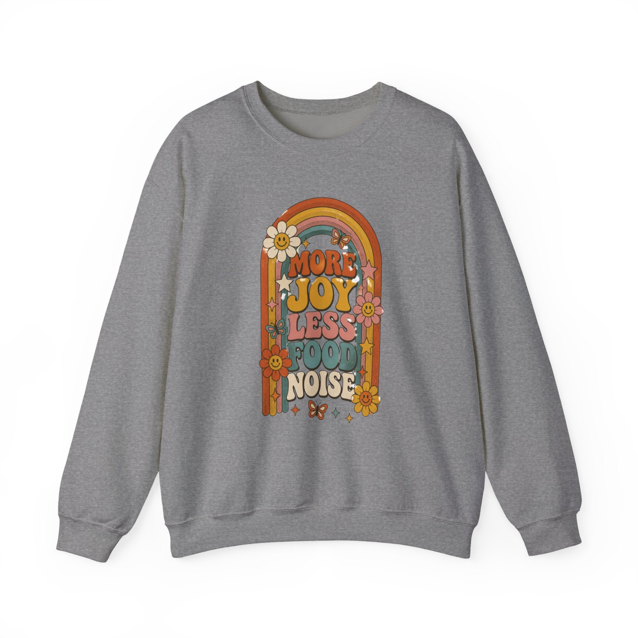 Retro Rainbow Sweatshirt — "More Joy Less Room Noise" Floral Crewneck
