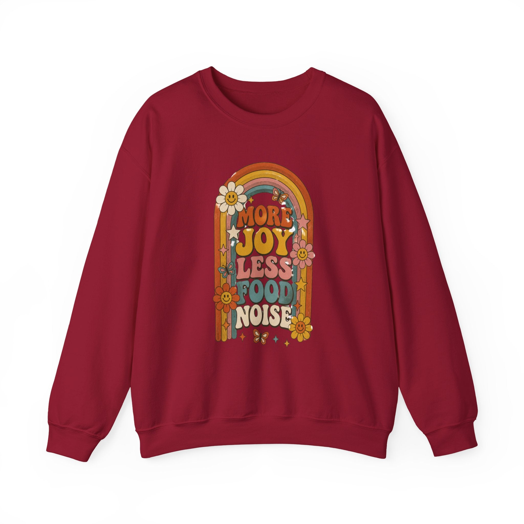 Retro Rainbow Sweatshirt — "More Joy Less Room Noise" Floral Crewneck