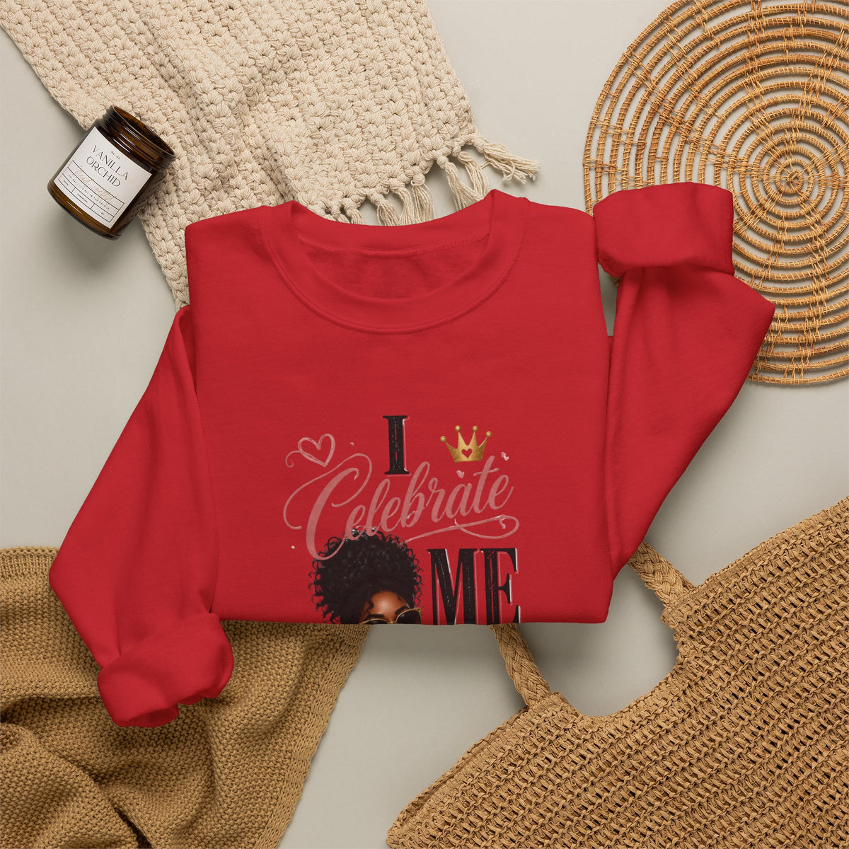 Celebrate Me Crewneck Sweatshirt — Black Woman Self-Care Graphic
