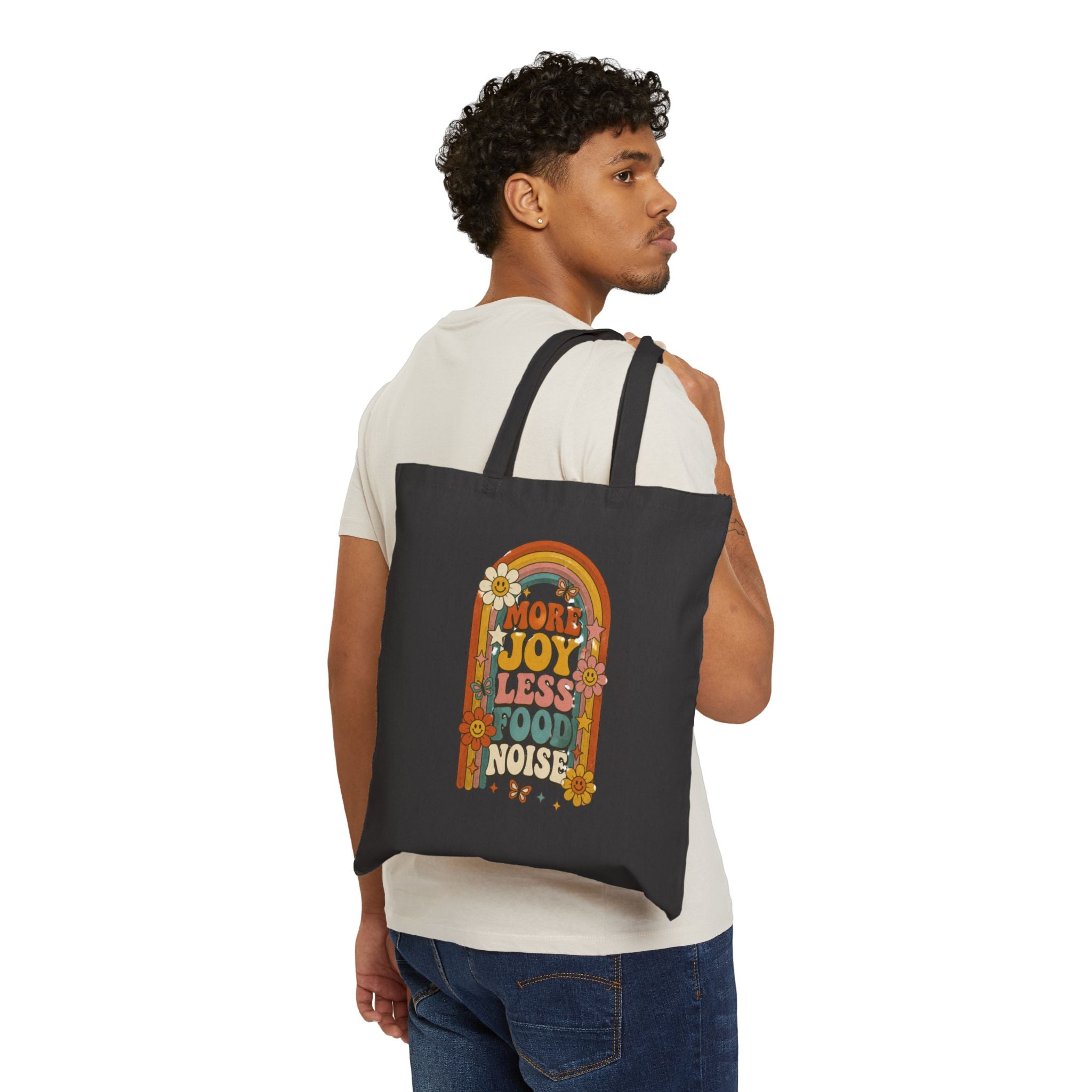 Tote — Retro Rainbow ’More Love Less Noise’ Floral Canvas Bag