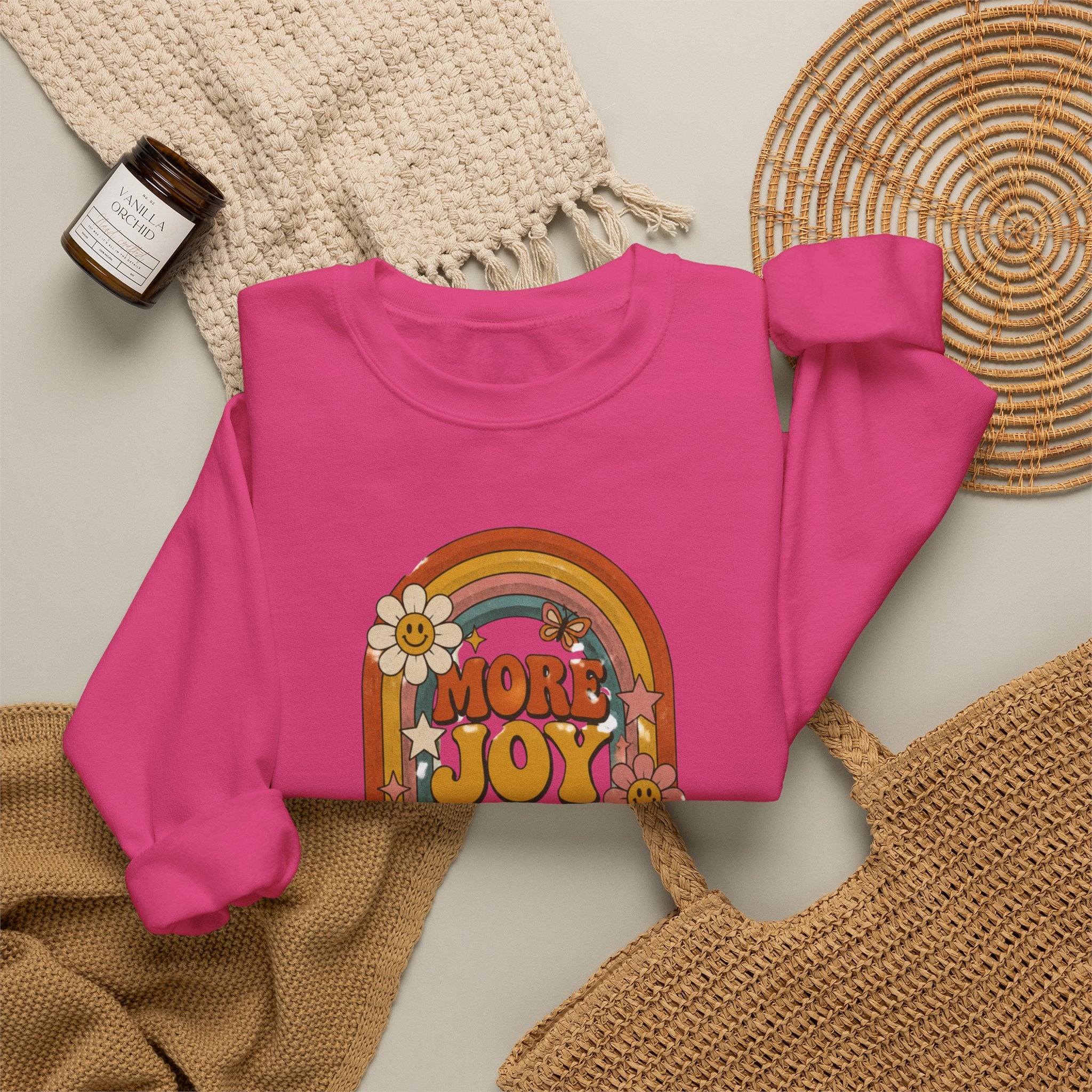 Retro Rainbow Sweatshirt — "More Joy Less Room Noise" Floral Crewneck