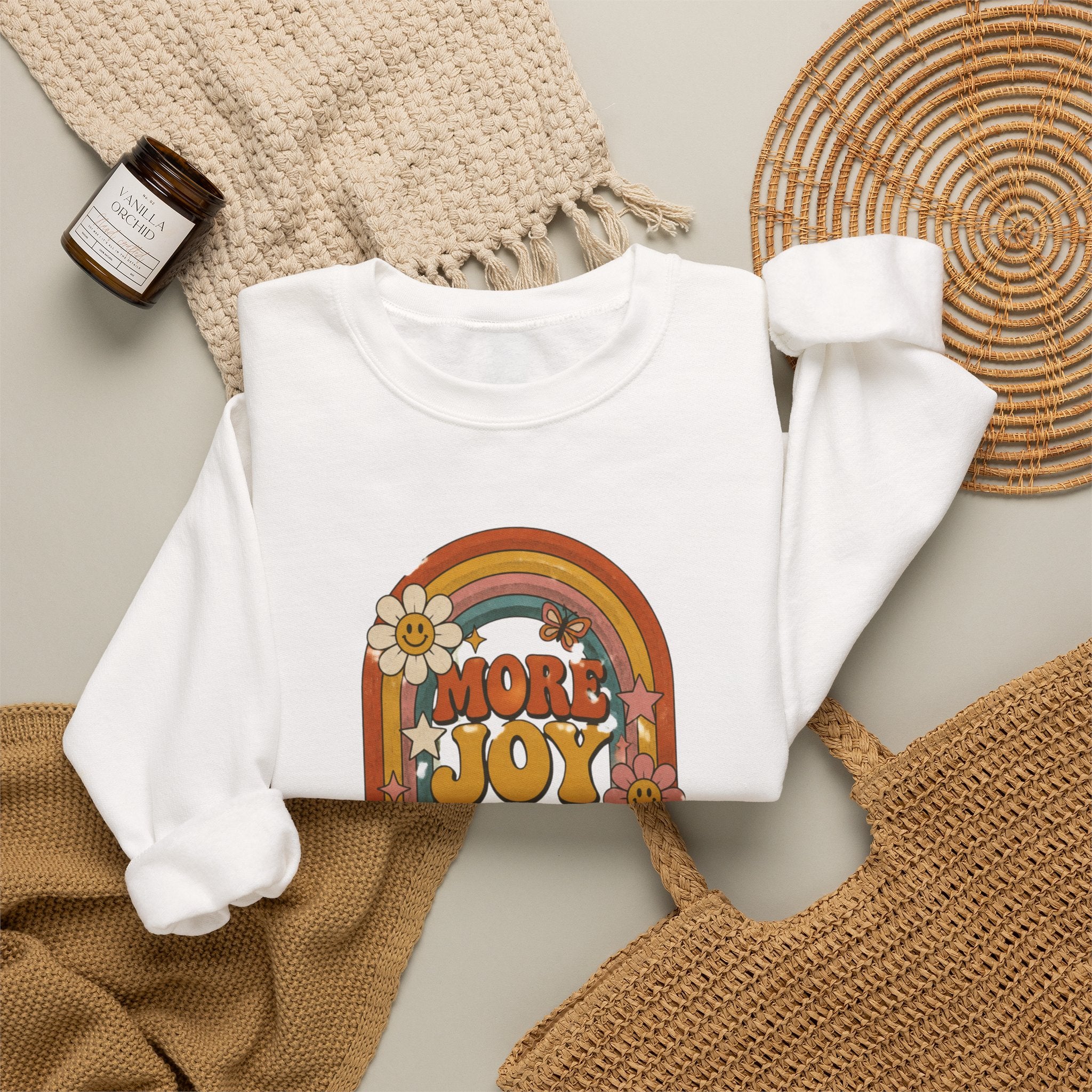 Retro Rainbow Sweatshirt — "More Joy Less Room Noise" Floral Crewneck