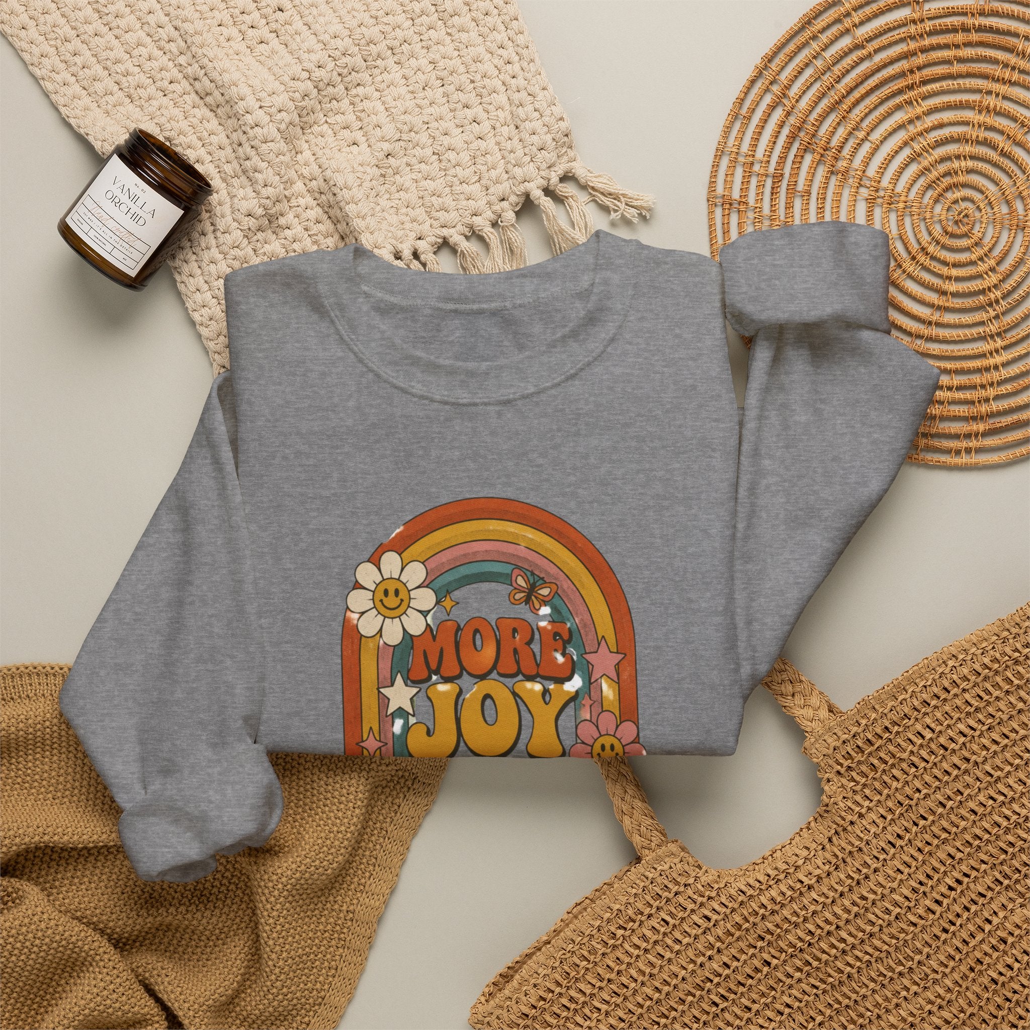 Retro Rainbow Sweatshirt — "More Joy Less Room Noise" Floral Crewneck