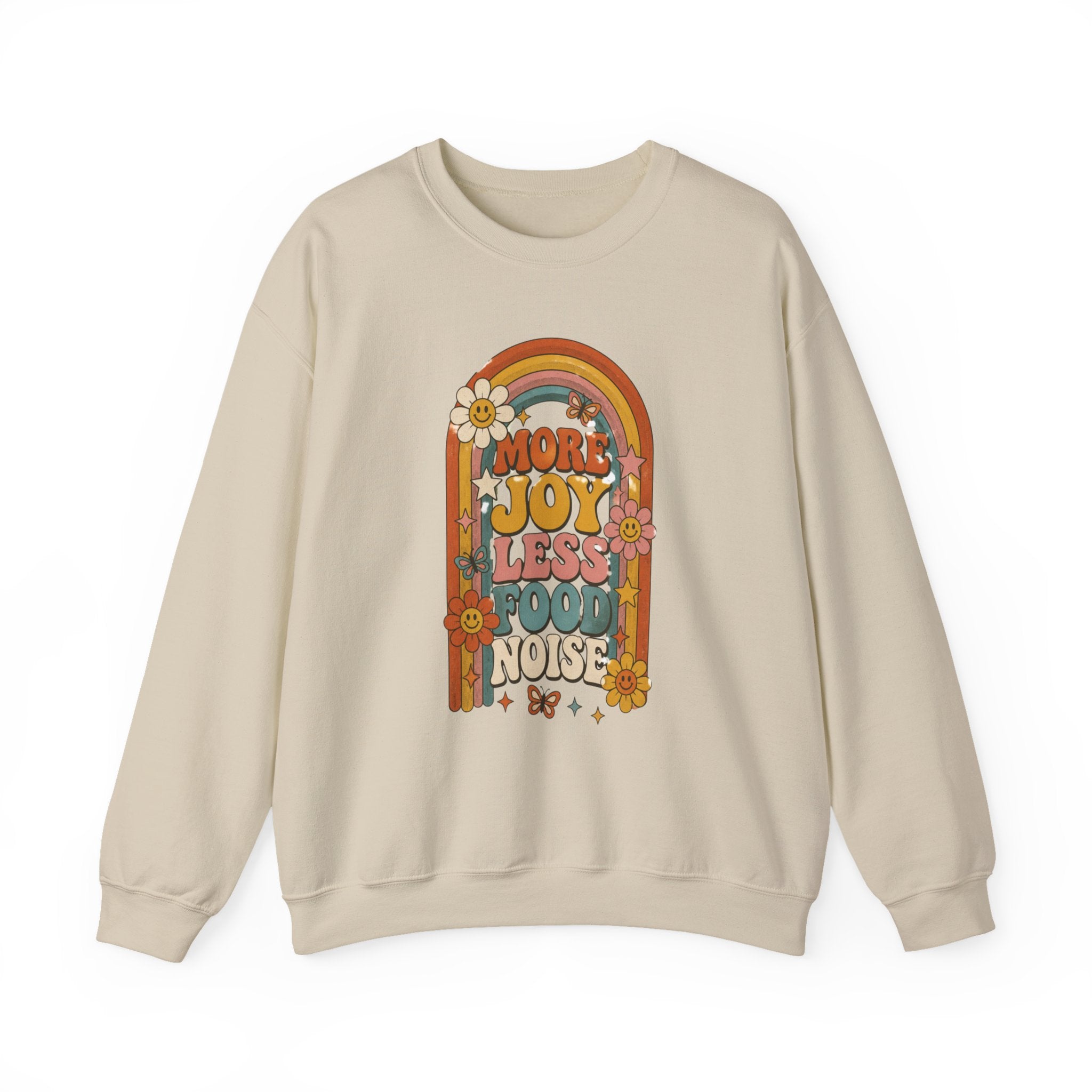 Retro Rainbow Sweatshirt — "More Joy Less Room Noise" Floral Crewneck