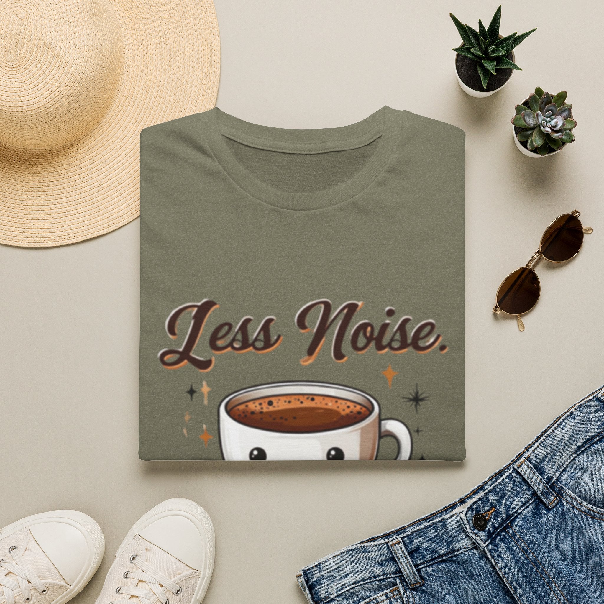 Less Noise, More Life Coffee Tee — Cute Kawaii Coffee Cup Graphic T-Shirt