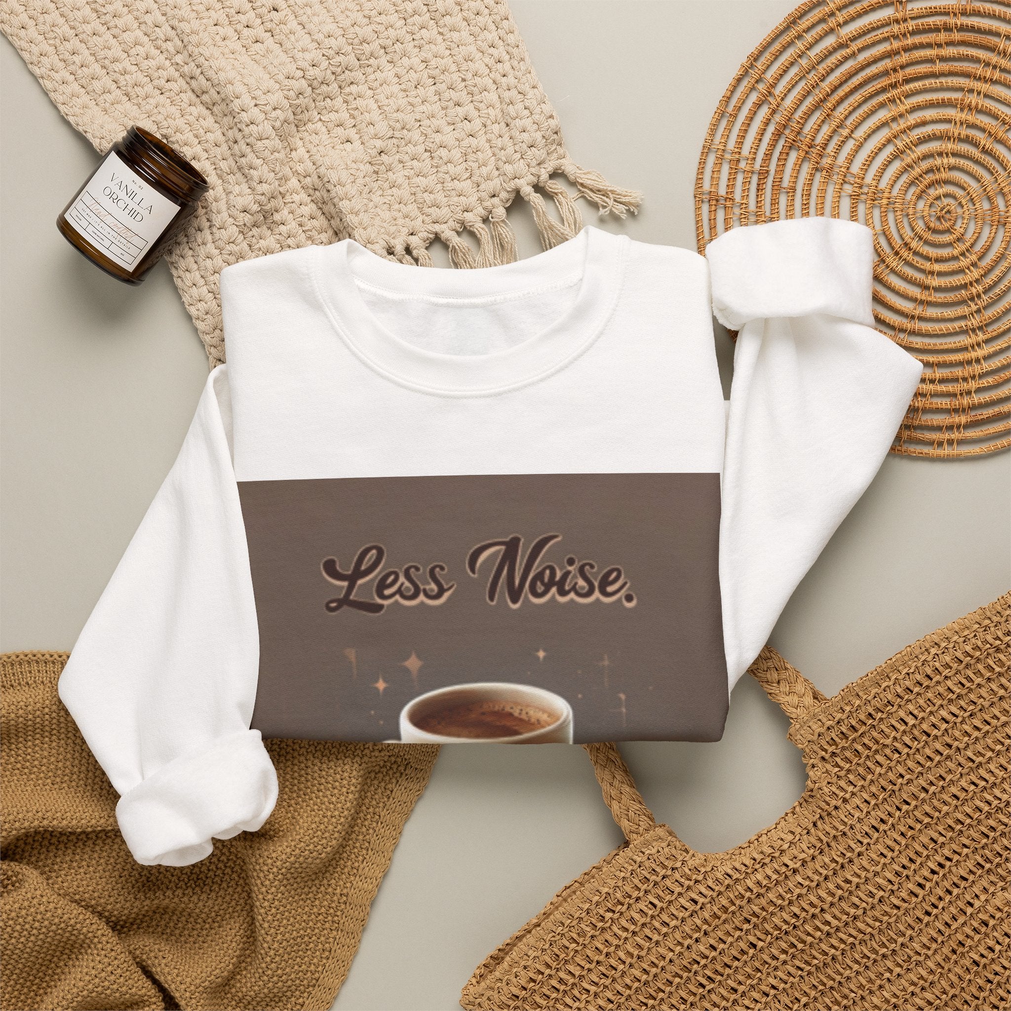 Crewneck Sweatshirt — "Less Noise, More Life" Coffee Graphic