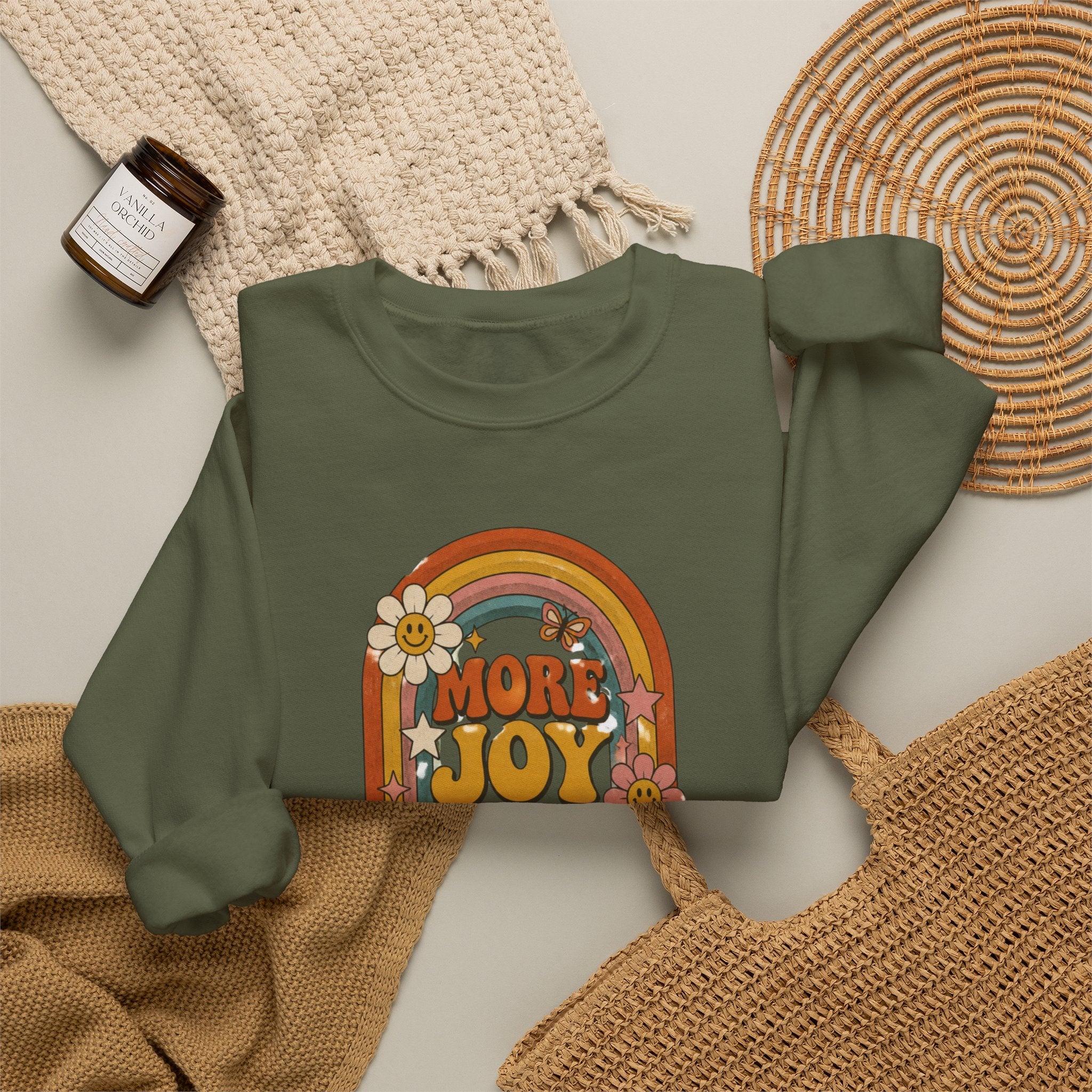 Retro Rainbow Sweatshirt — "More Joy Less Room Noise" Floral Crewneck