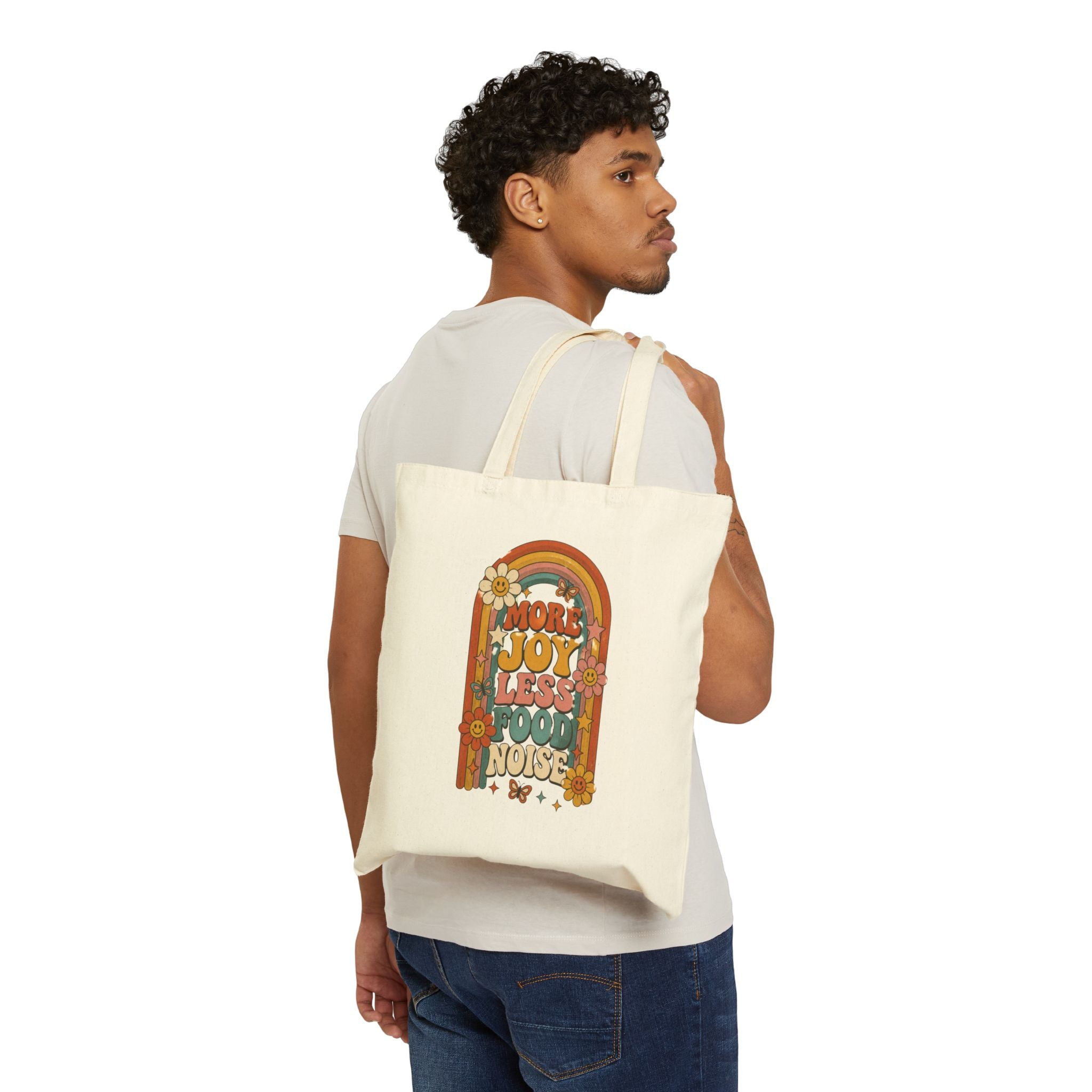 Tote — Retro Rainbow ’More Love Less Noise’ Floral Canvas Bag