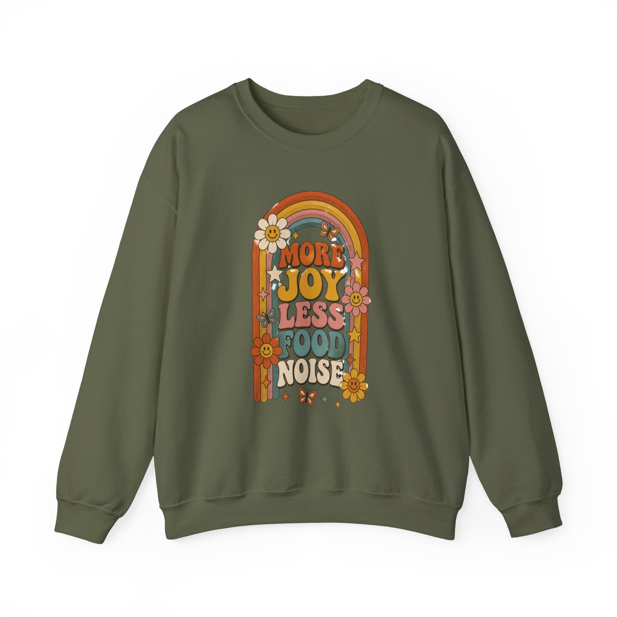 Retro Rainbow Sweatshirt — "More Joy Less Room Noise" Floral Crewneck