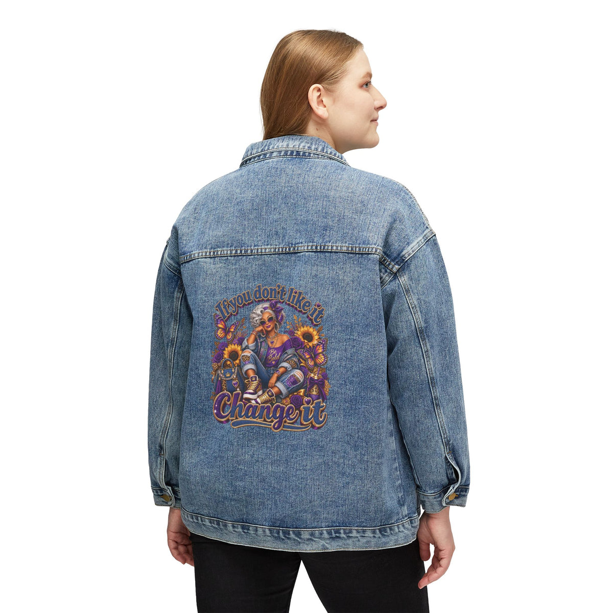 Denim Jacket — "Change It" Retro Sunflower Graphic Back