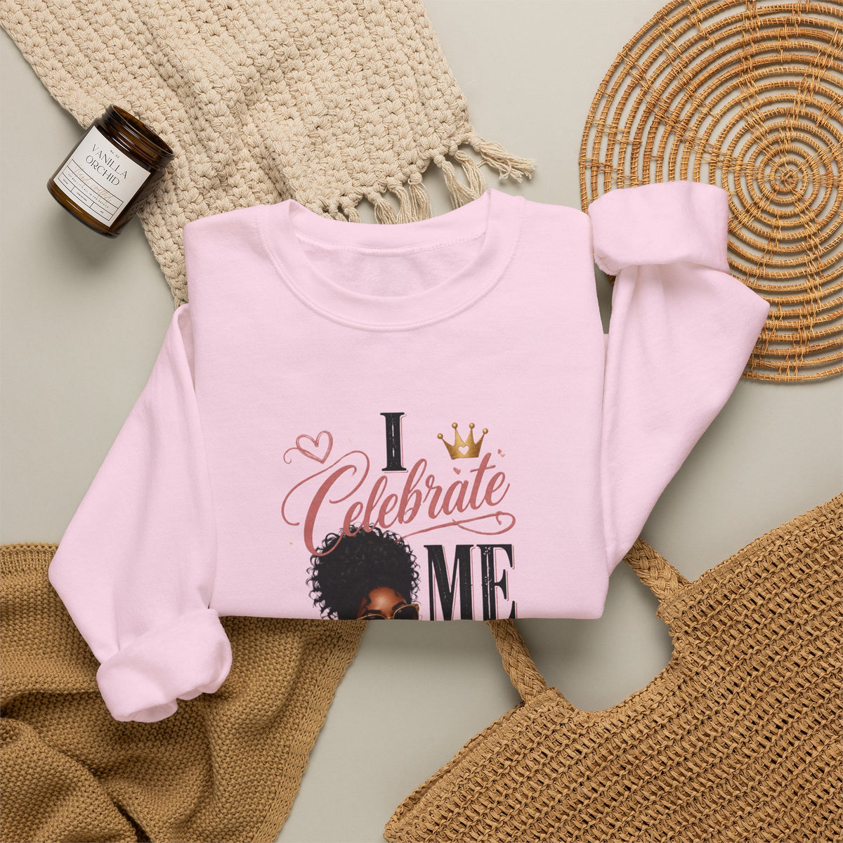 Celebrate Me Crewneck Sweatshirt — Black Woman Self-Care Graphic