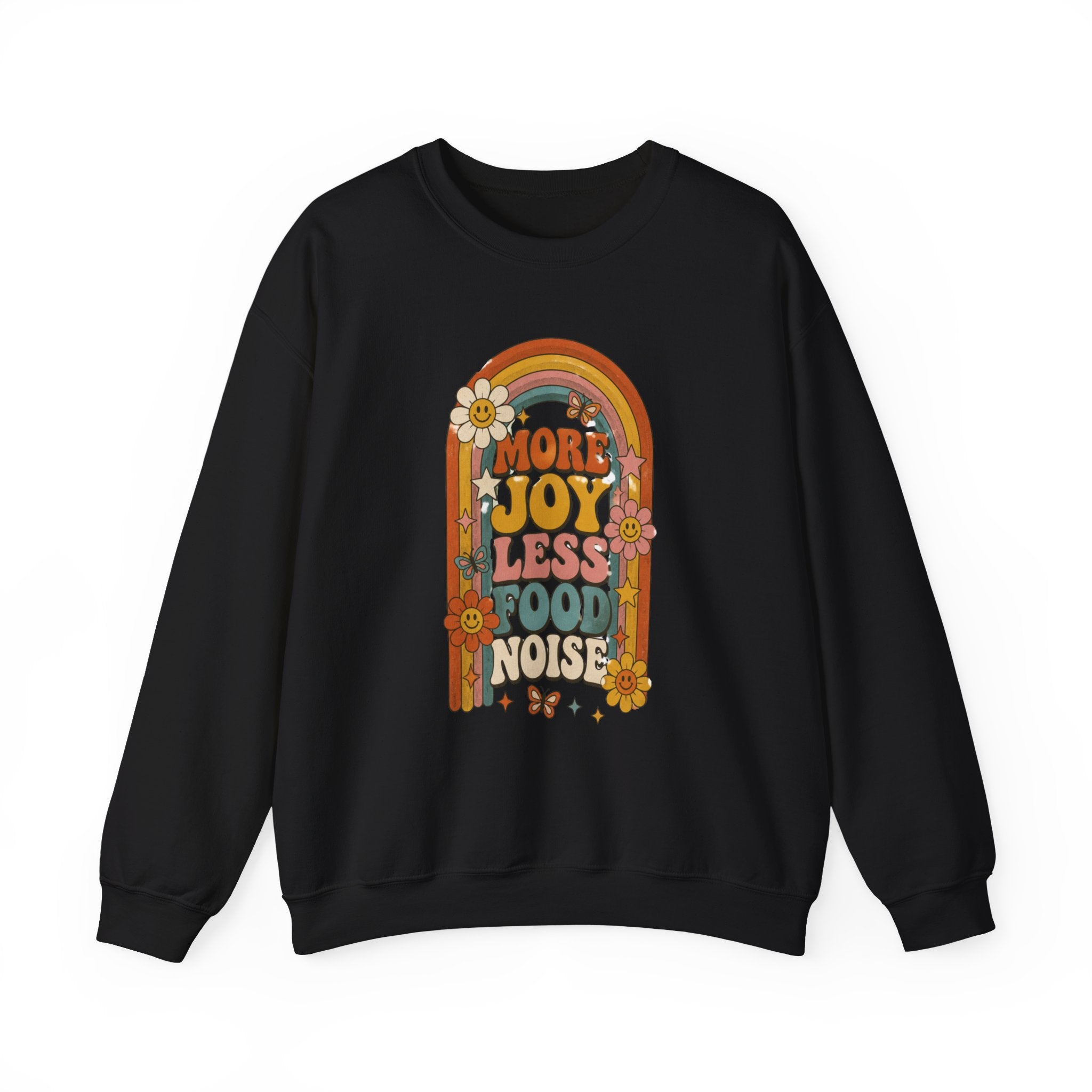 Retro Rainbow Sweatshirt — "More Joy Less Room Noise" Floral Crewneck