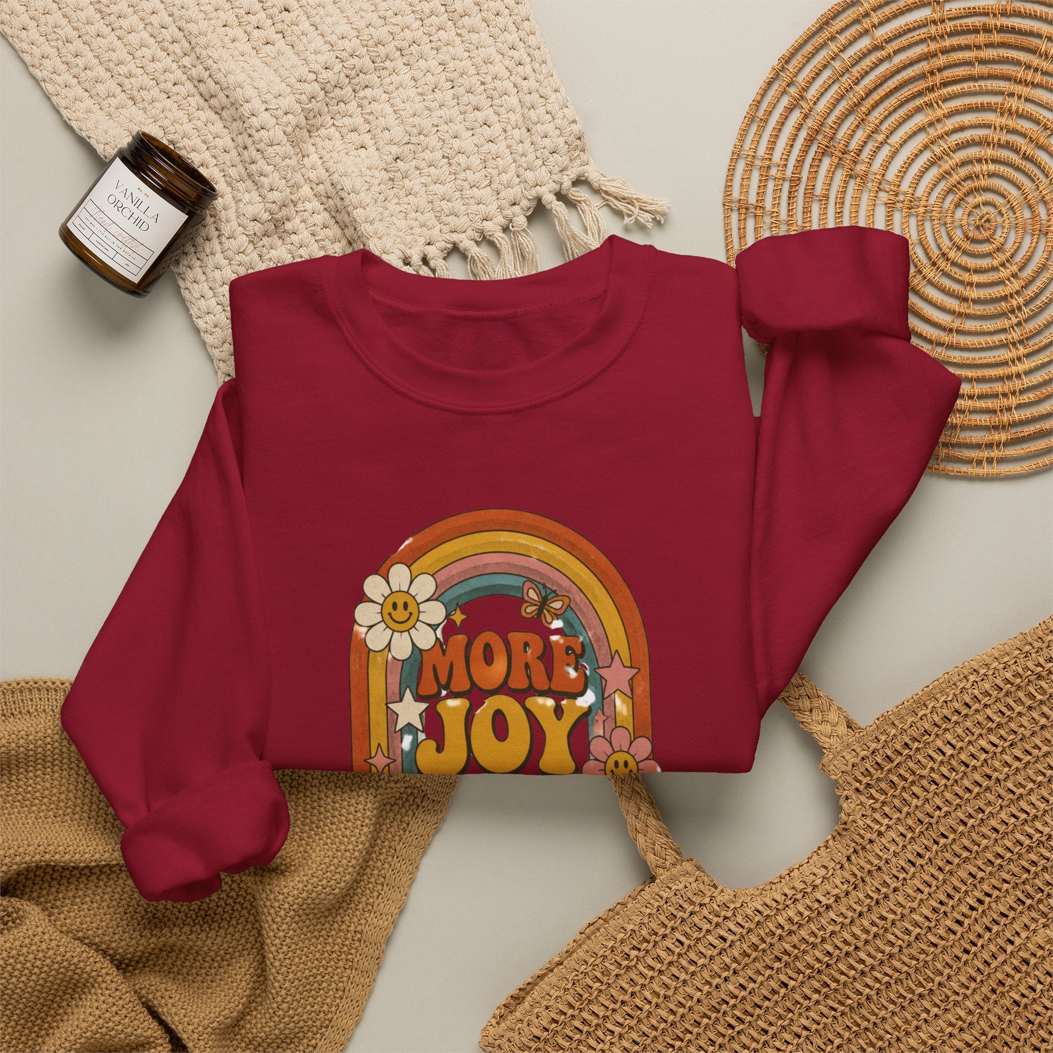 Retro Rainbow Sweatshirt — "More Joy Less Room Noise" Floral Crewneck